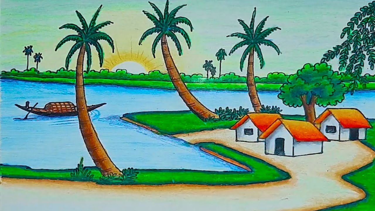 How to draw village scenery near river side step by step | Easy drawing Scenery | Indian village