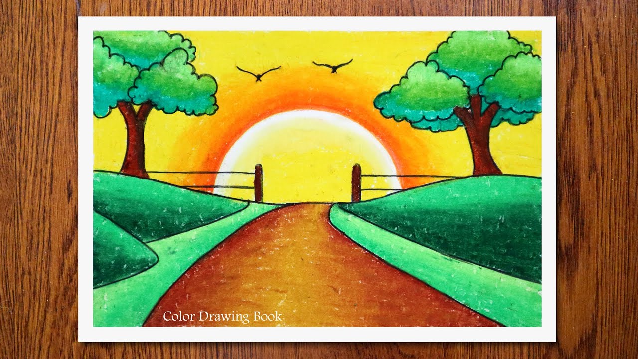 How to Draw Easy Scenery | Drawing Sunset Scenery Step by Step with Oil Pastels