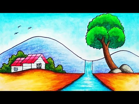 How to Draw Easy Scenery | Drawing Waterfall in the Village