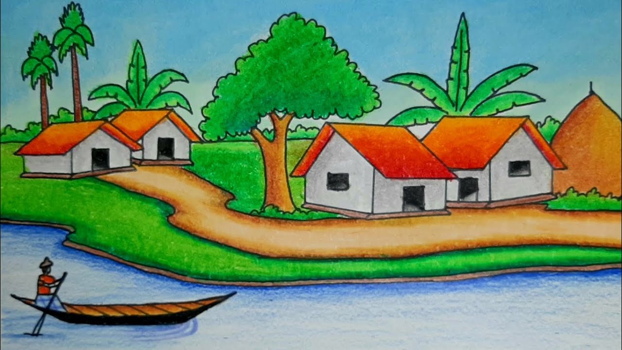 How to draw Beautiful riverside Village scenery step by step drawing easy
