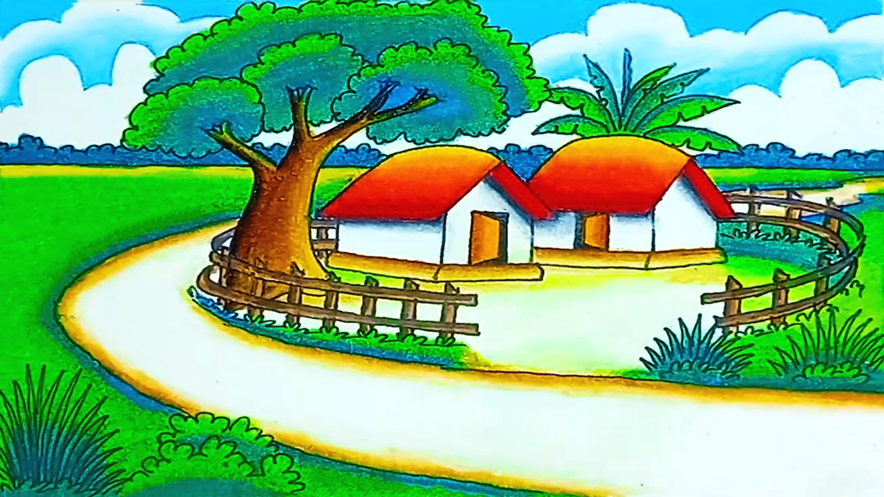 How to draw a beautiful village scenery step by step | landscape scenery drawing of beautiful nature