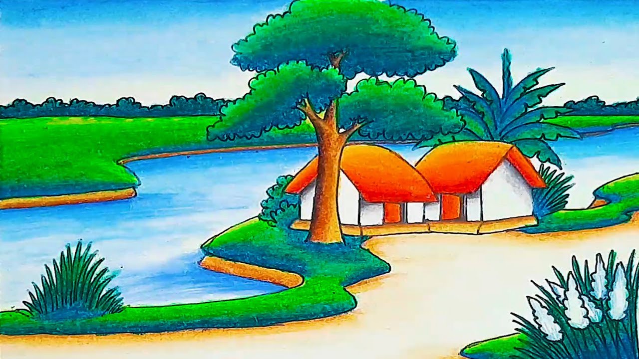 How to draw easy scenery drawing with beautiful landscape village scenery drawing step by step