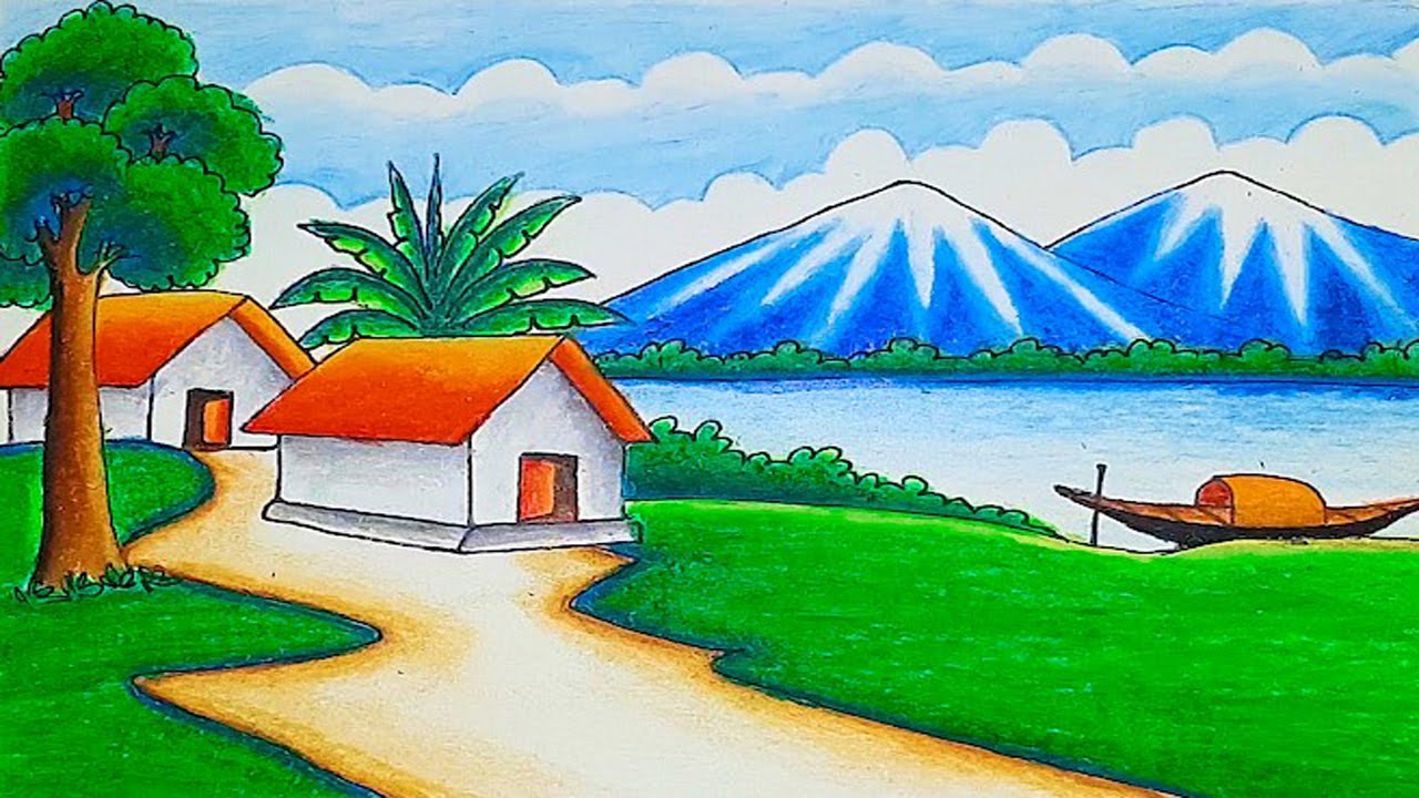 How to Draw Village Scenery Step by Step | Easy Scenery Drawing of a Lakeside Village with landscape