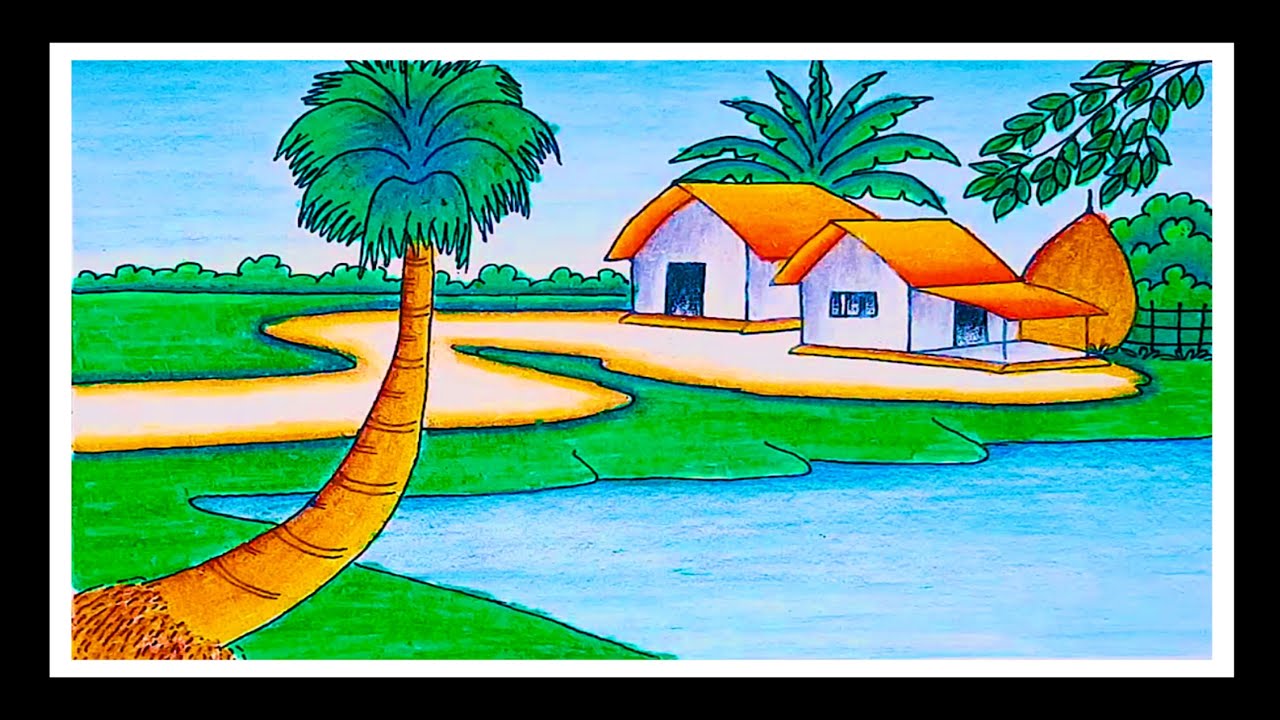How to draw Landscape || Scenery of beautiful nature || village scenery drawing with oil pastel