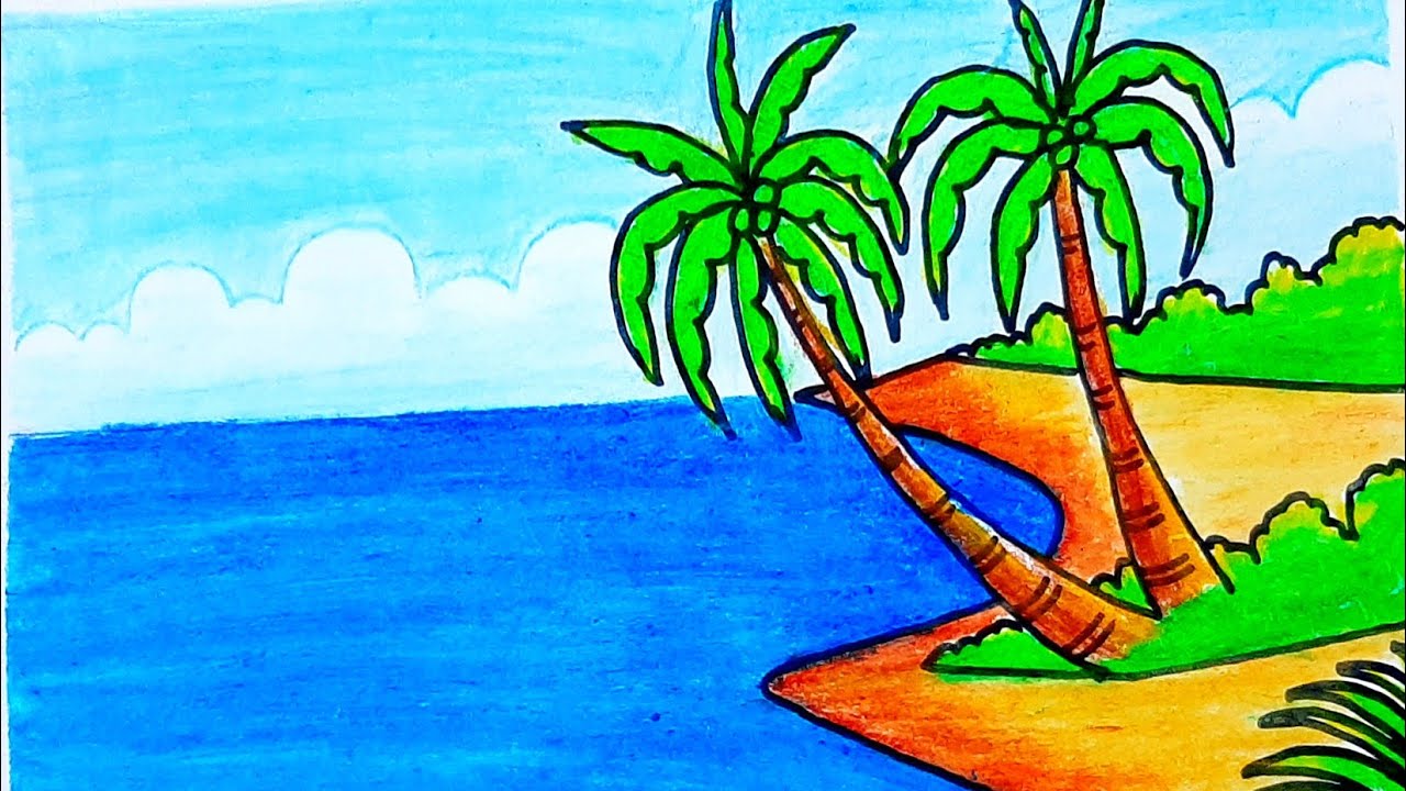 How to draw easy scenery drawing with oil pastel landscape scenery drawing with beautiful sea beach
