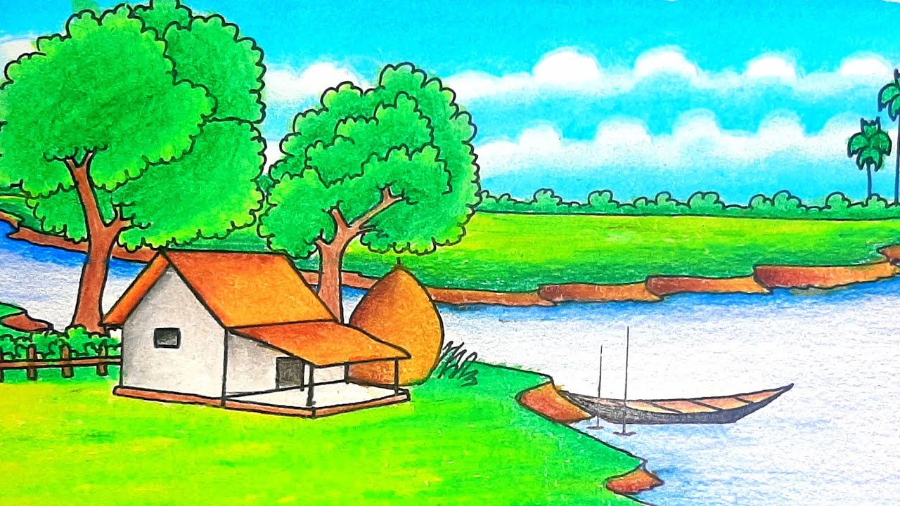 how to draw village scenery step by step very easy, Landscape drawing easy beautiful