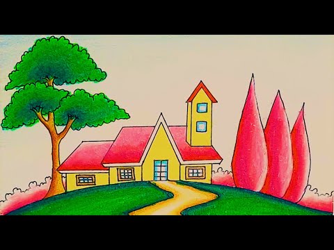 How to draw a village scenery of beautiful nature step by step | Art video | Dak banglow Drawing