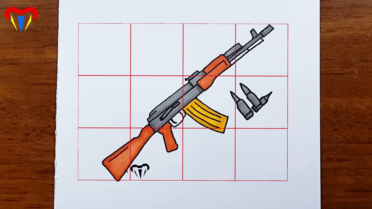 AK-47 KELEŞ çizimi - kolay SİLAH OTOMATİK çizimleri - basit, güzel, tatlı, sevimli, resim, adım adım