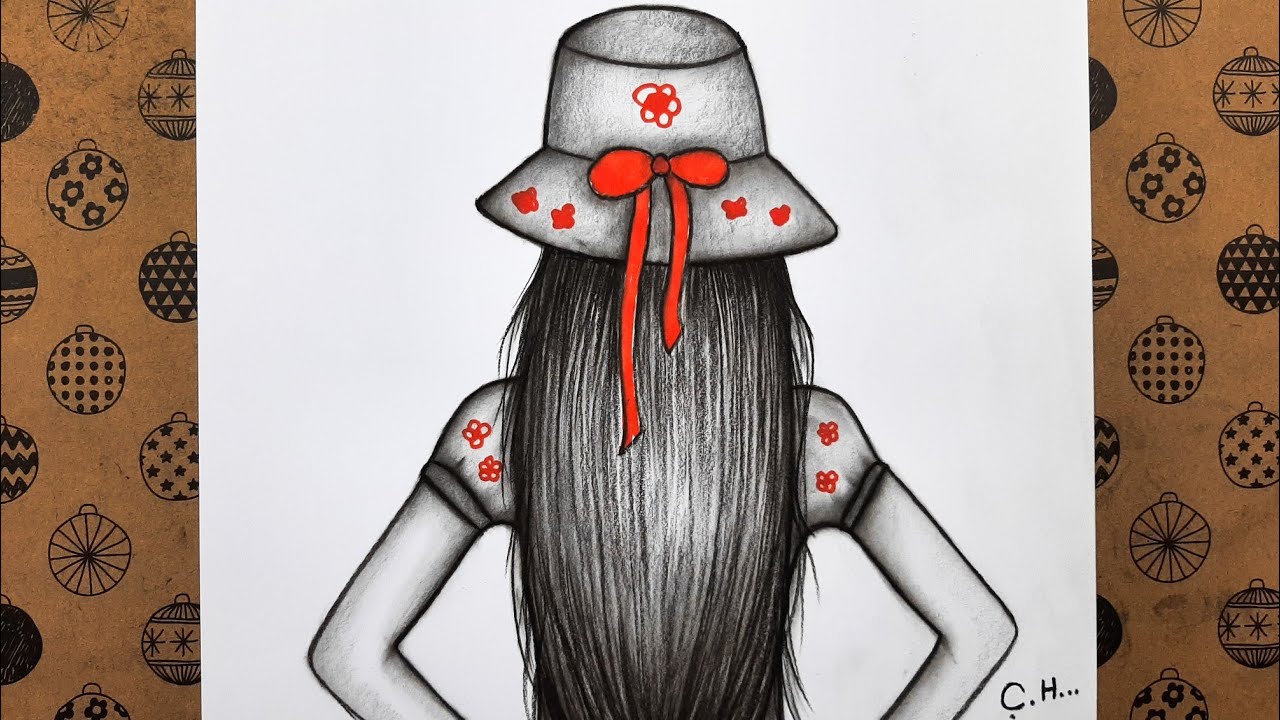 Adım Adım Arkası Dönük Şapkalı Kız Çizimi, Kolay Karakalem Çizimler, Çizim Hobimiz Easy Drawings