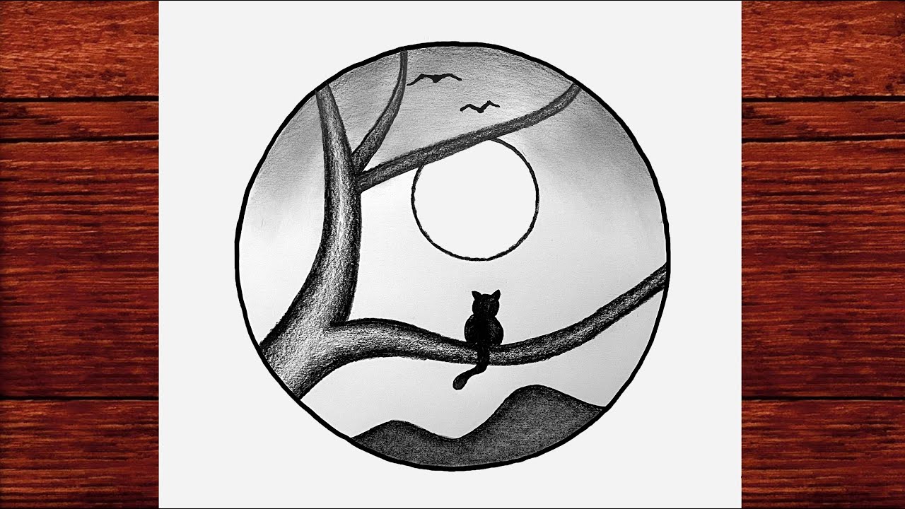 Ağaç ve Kedi Manzara Resmi Çizimi - Adım Adım Karakalem Çizimleri - Çizim Mektebi Kolay Çizimler