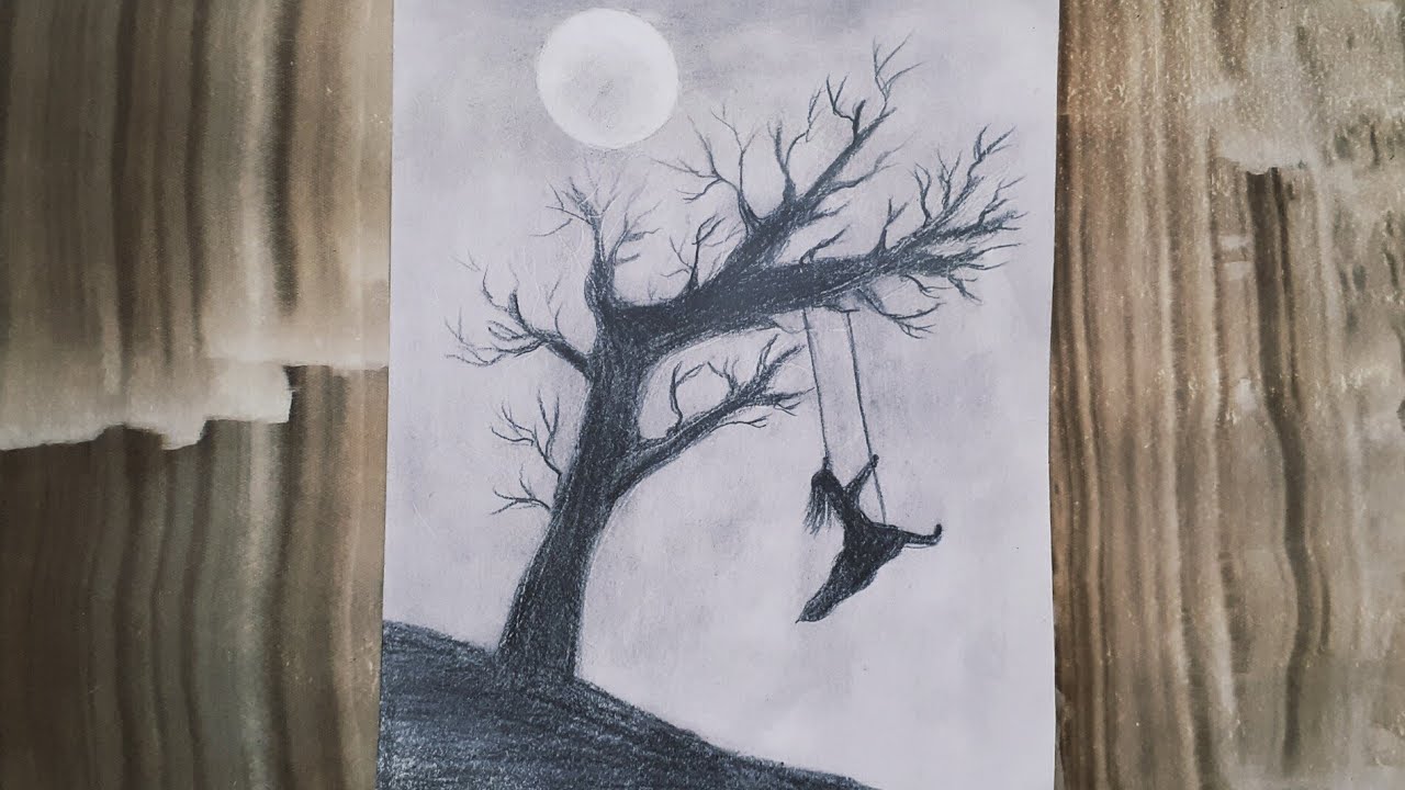 Ağaçta sallanan kız çizimi / Dolunay çizimi / A girl swinging in a tree drawing / Full moon drawing