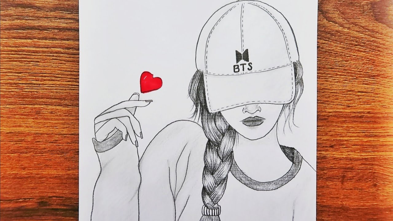 BTS Şapkalı Güzel Kız Çizimi / How to draw a Cute Girl with Tumblr Korean Finger Heart and BTS Cap