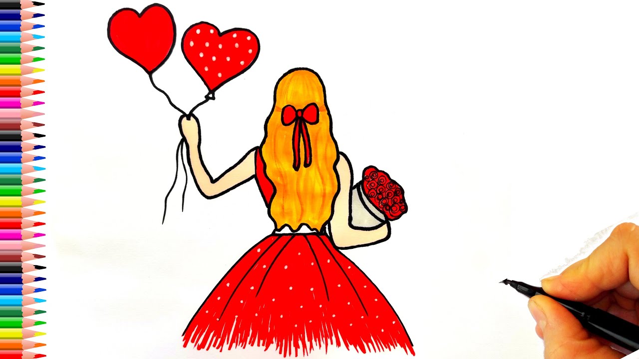 Balonlar ve Güller Tutan Kız Çizimi  Güzel Kız Çizimi  Kolay Kız Çizimi- Sevgililer Günü Çizimleri