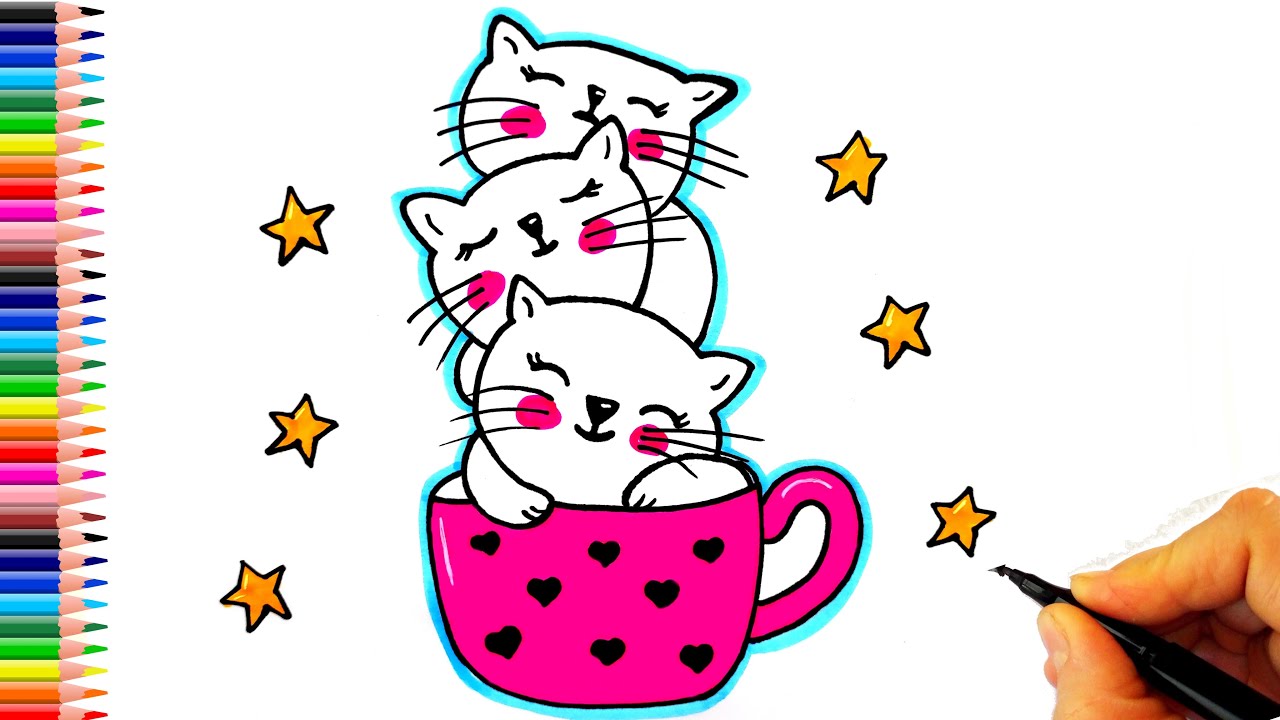 Bardağın İçinde Sevimli Kedi Çizimi - Kedi Çizimleri - Kolay Kedi Çizimi - Kolay Kedi Nasıl Çizilir?