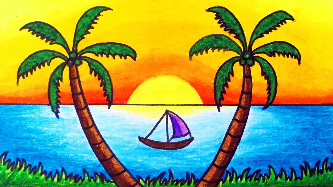 Beautiful Sunset Scenery Drawing | How to Draw Easy Scenery of Sunset in Tropical Beach