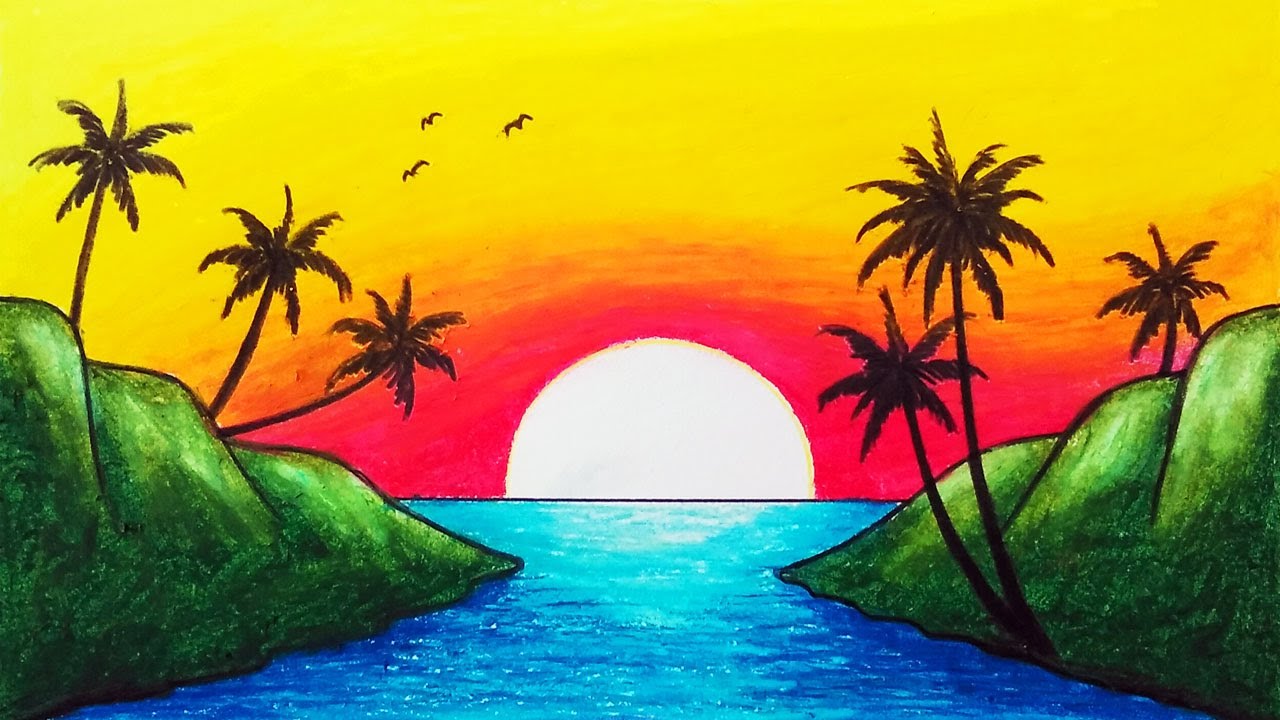 Beautiful Sunset Scenery Drawing with Oil Pastels | How to Draw Easy Scenery Step by Step