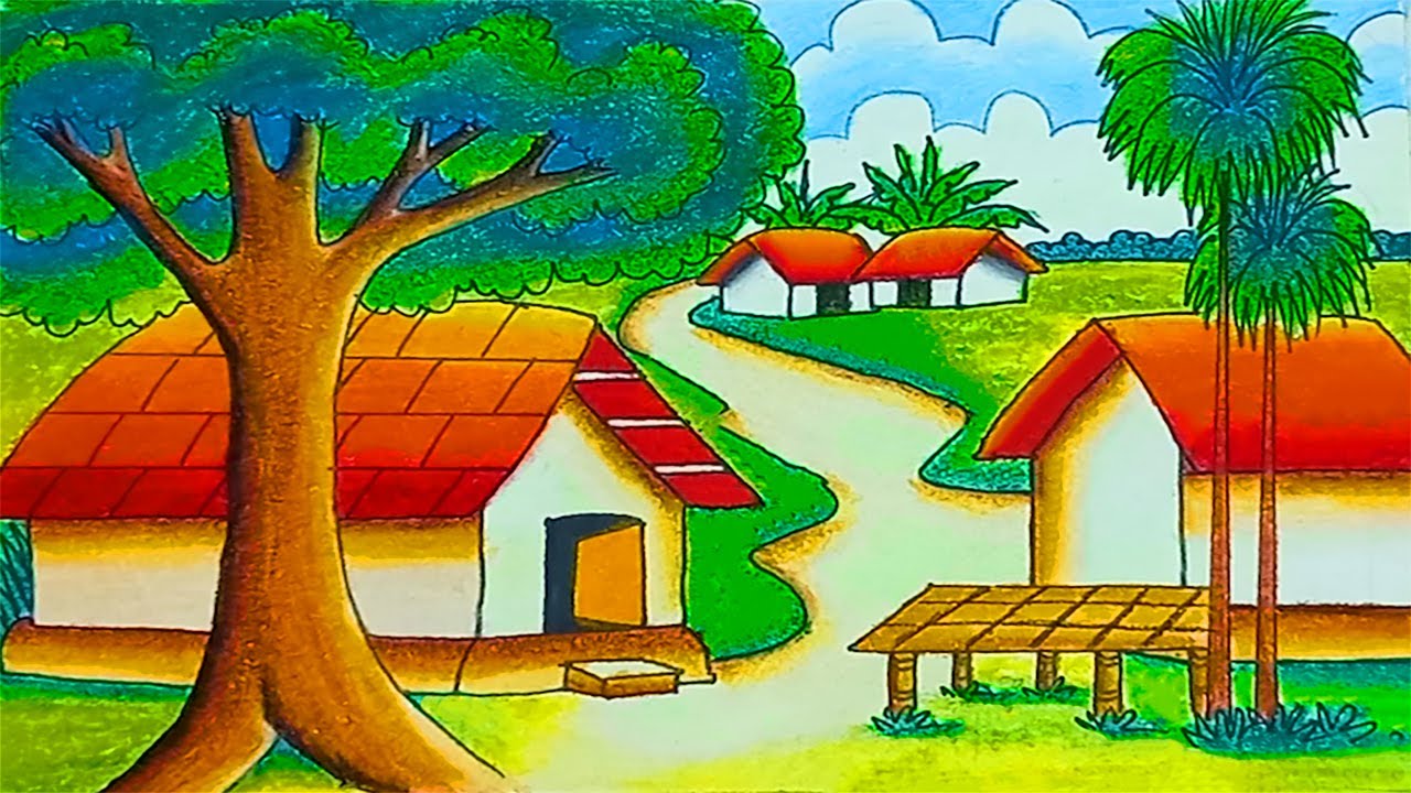 Beautiful Village Landscape Scenery Painting Tutorial|Village Scenery Painting With Earth watercolor