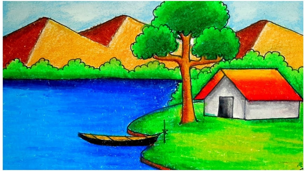 Beautiful riverside village scenery drawing