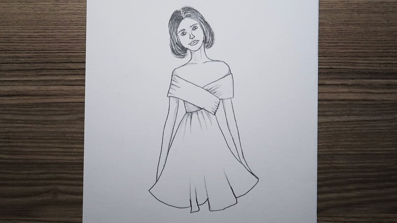 Beyaz Şık Elbiseli Güzel Kız Çizimi