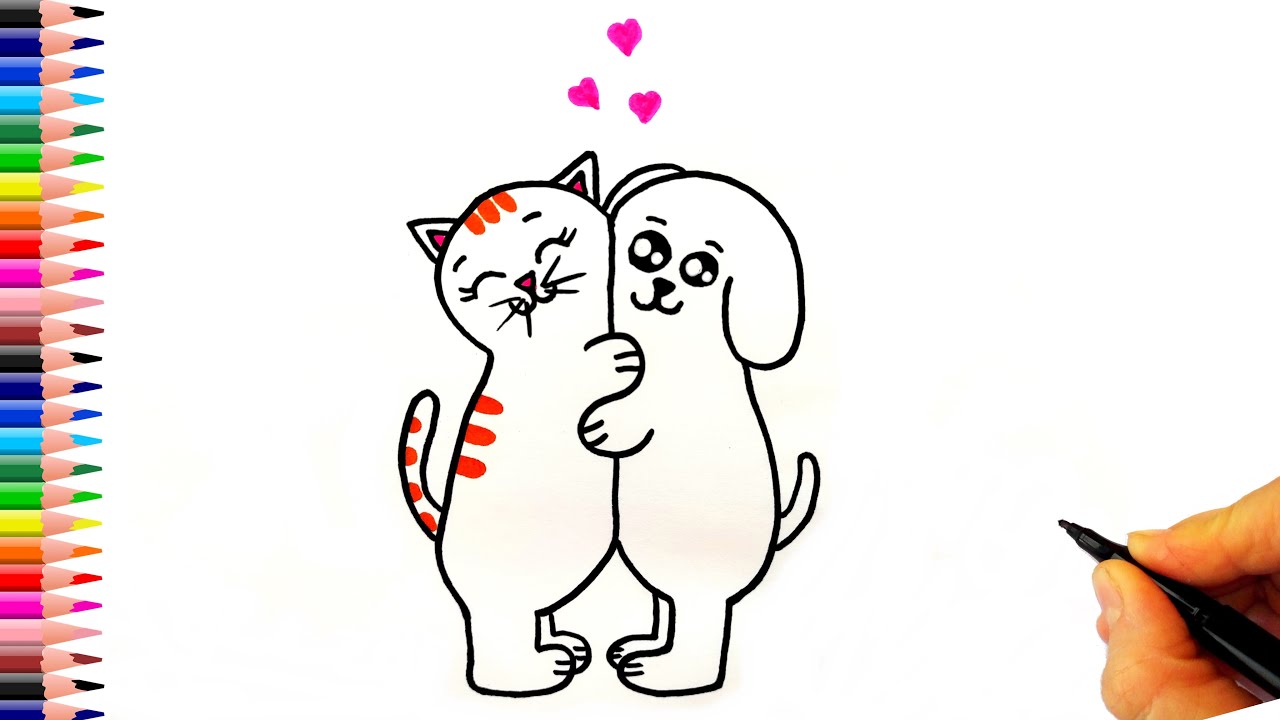 Birbirine Sarılmış Kedi ve Köpek Çizimi - Kolay Çizimler - Kedi Çizimleri - Köpek Çizimleri