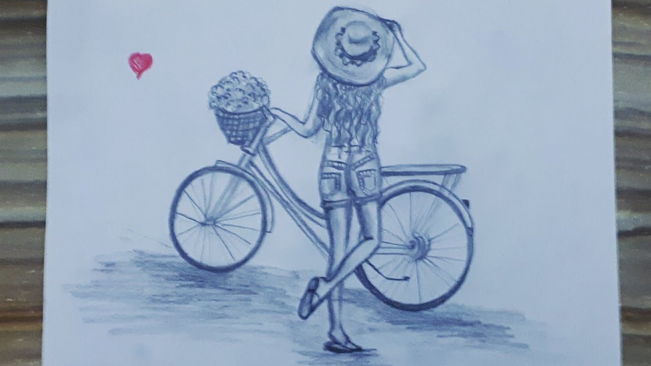 Bisikletli kız çizimi / Bisiklet çizimi / Şapkalı kız çizimi / A Girl and a bike drawing / Sketch