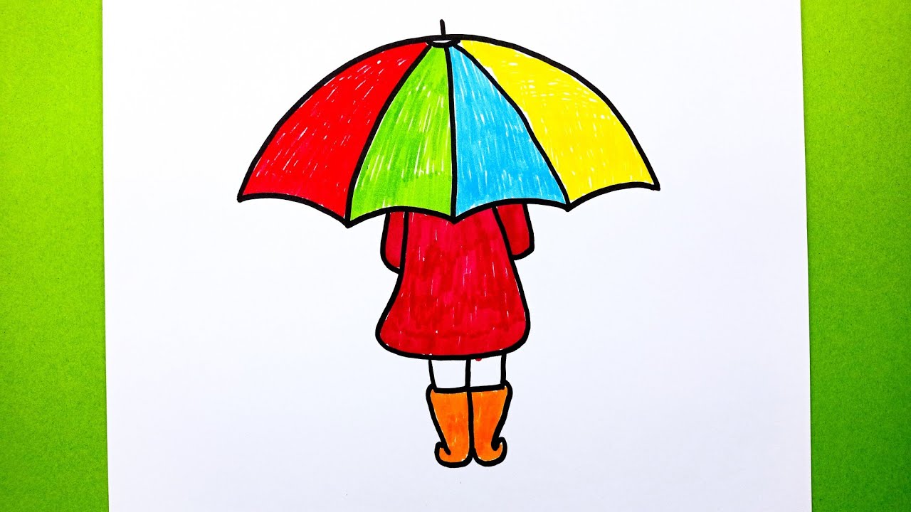 Çok Kolay Şemsiyeli Kız Çizimi, Adım Adım Şemsiyeli Kız Nasıl Çizilir, Easy Umbrella Girl Drawing