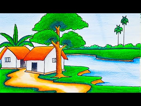 Drawing Beautiful Riverside Village Scenery with Landscape Drawing Easy Beautiful / Nature Drawing