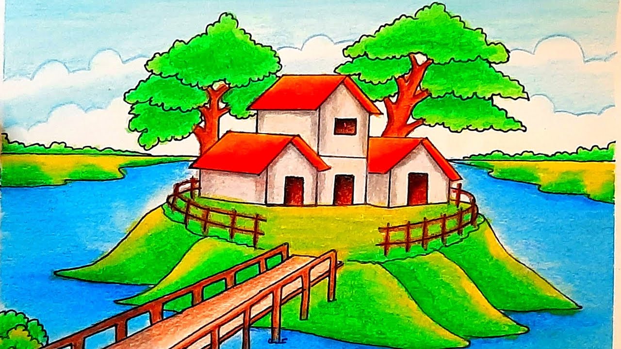 Drawing Beautiful Village scenery-how to draw village scenery step by step very easy
