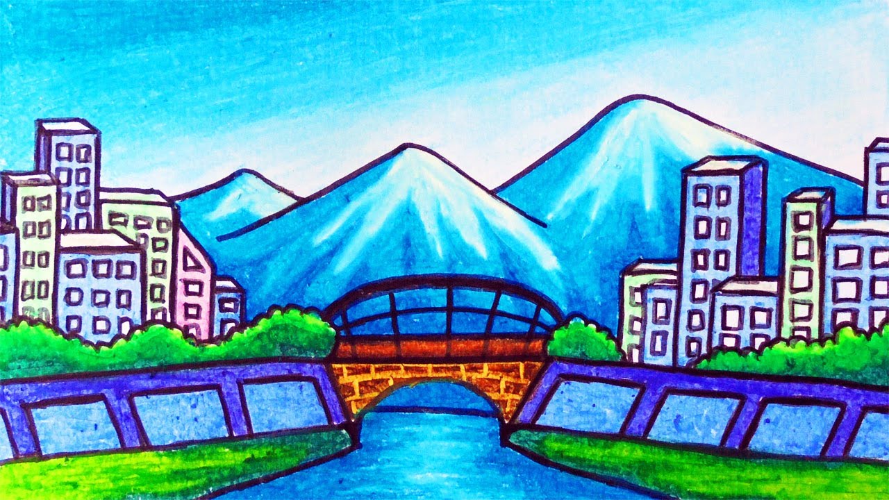 Drawing City Scenery With Oil Pastel | How To Draw Easy Scenery