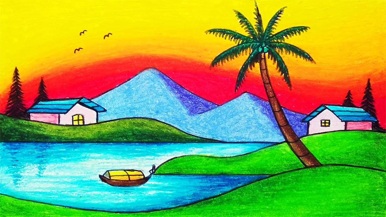 Drawing Easy Mountain and Sunset in the Lake | How to Draw Easy Scenery With Oil Pastels