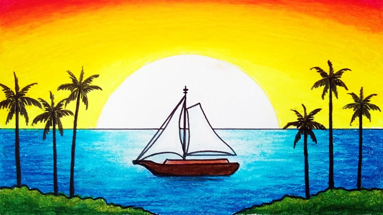 Drawing Easy Sunset Scenery for Beginners | How to Draw Beautiful Sunset Scenery with Oil Pastels