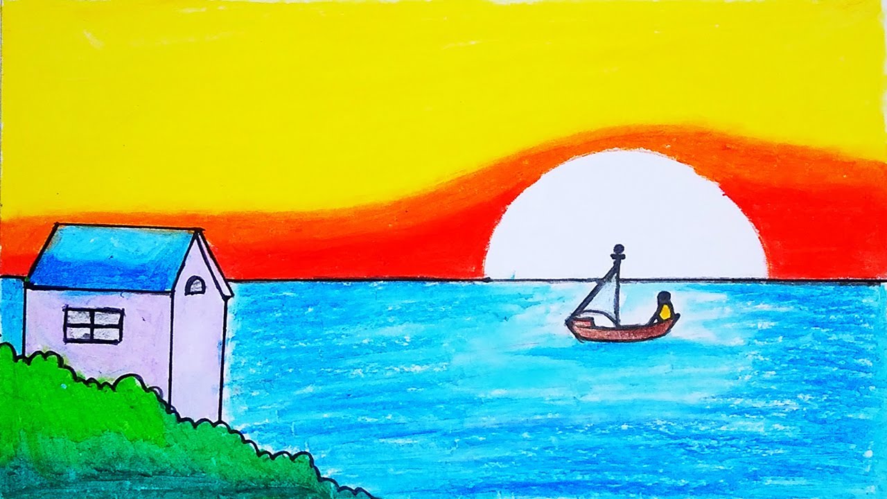 Drawing Easy Sunset in the Sea | How to Draw Easy Scenery With Oil Pastels
