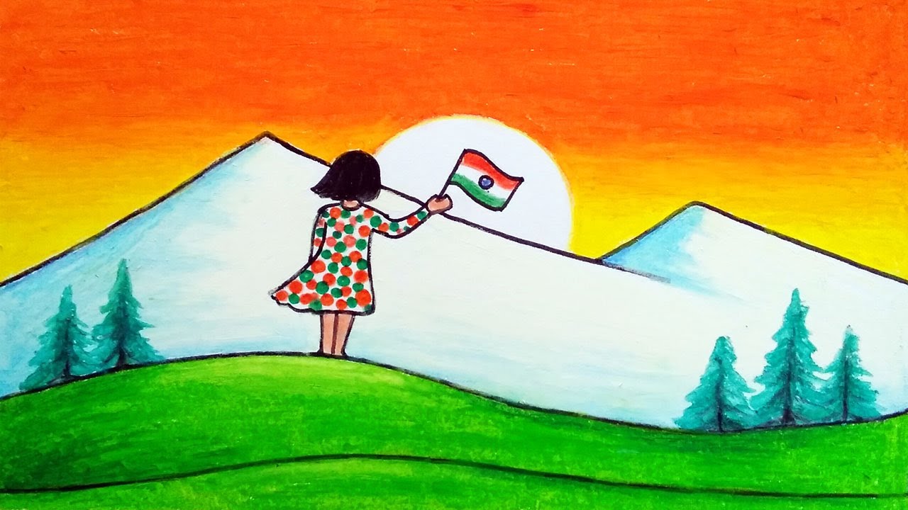 Drawing Independence Day Scenery | How To Draw Sunset Scenery and Girl Carrying India Flag
