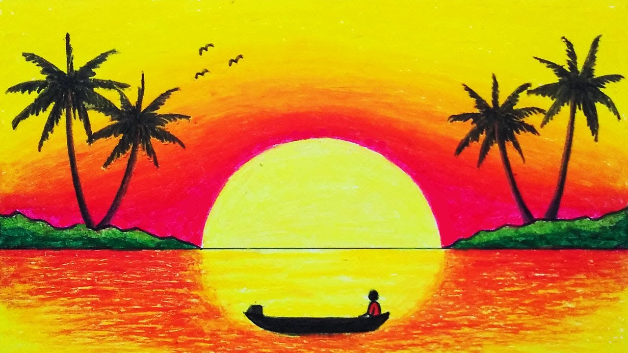Drawing Sunset Scenery In Sea | How To Draw Easy Scenery With Oil Pastel