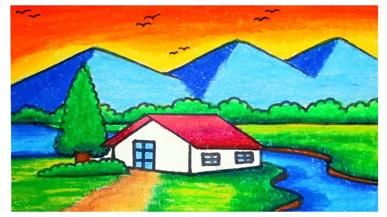 Drawing | Sunset  drawing | Mountain drawing color | Scenery drawing easy