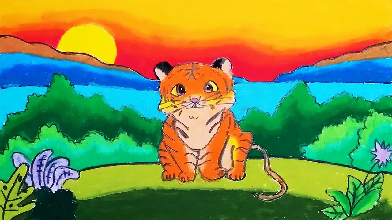 Drawing Tiger Scenery in Zoo Step By Step | How To Draw Easy Scenery With Oil Pastels