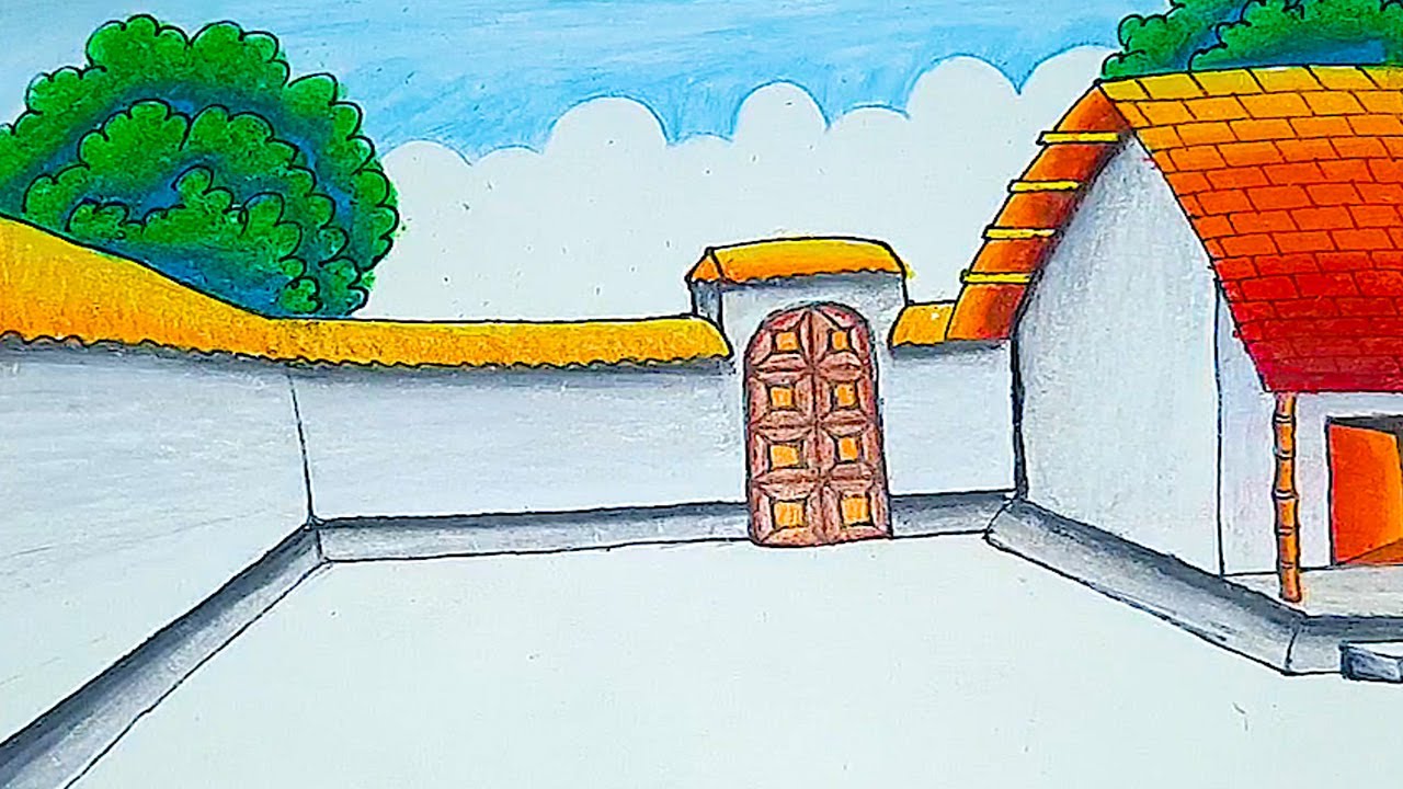 Drawing Village house scenery with pastel beautiful village scenery drawing with oil pastel color