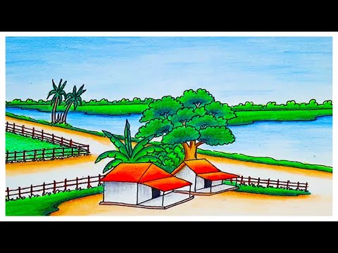 Drawing beautiful village house scenery with nature landscape
