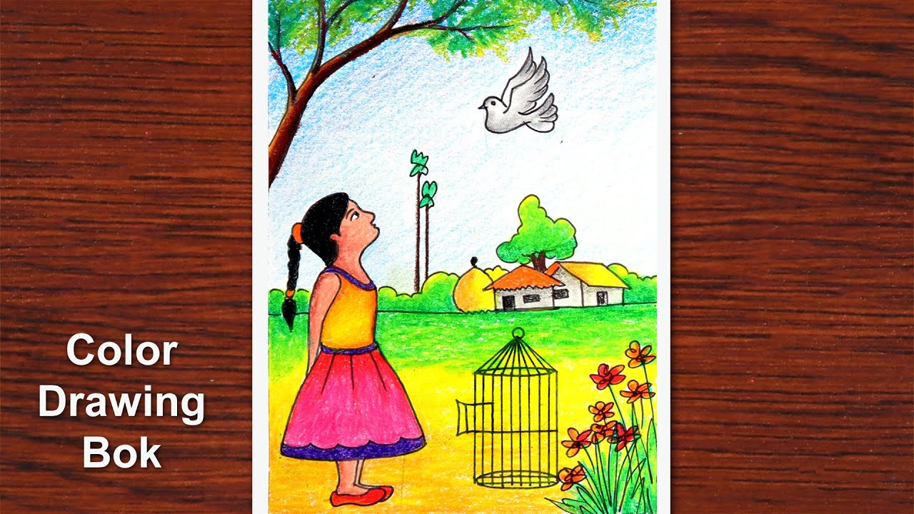 Drawing of a Girl Releases the Bird, Birds Freedom scenery drawing
