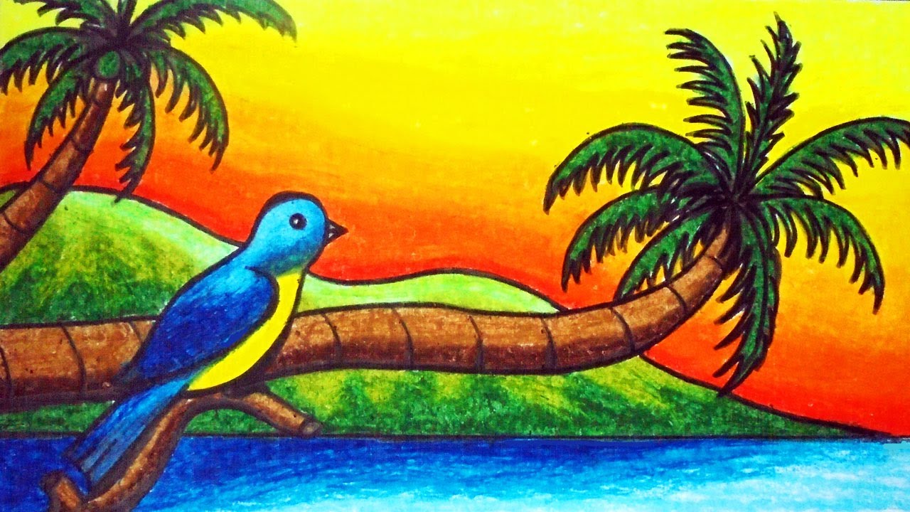 Easy Bird Scenery Drawing How to Draw Beautiful Scenery of a Bird in the Sunset Beach