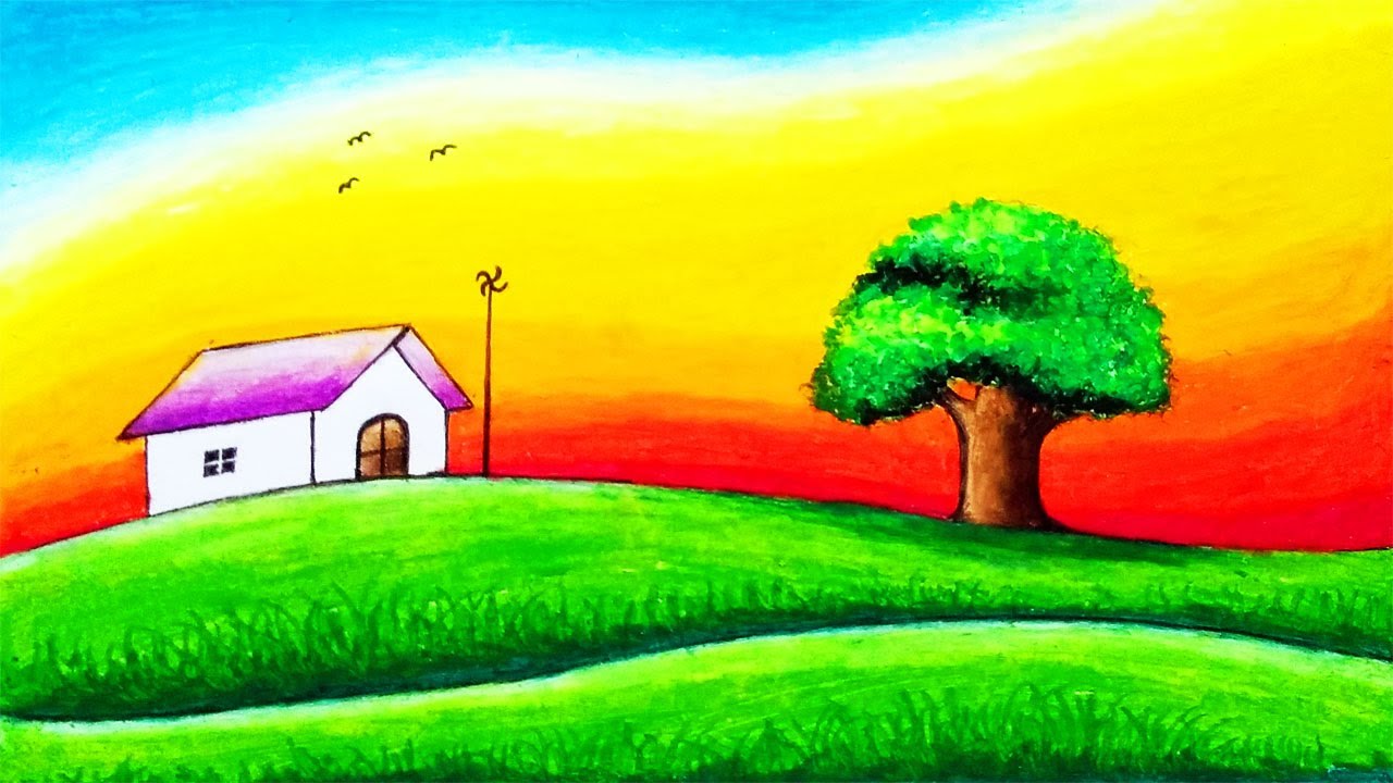 Easy Drawing Houses In Hills | How To Draw Easy Scenery With Oil Pastel