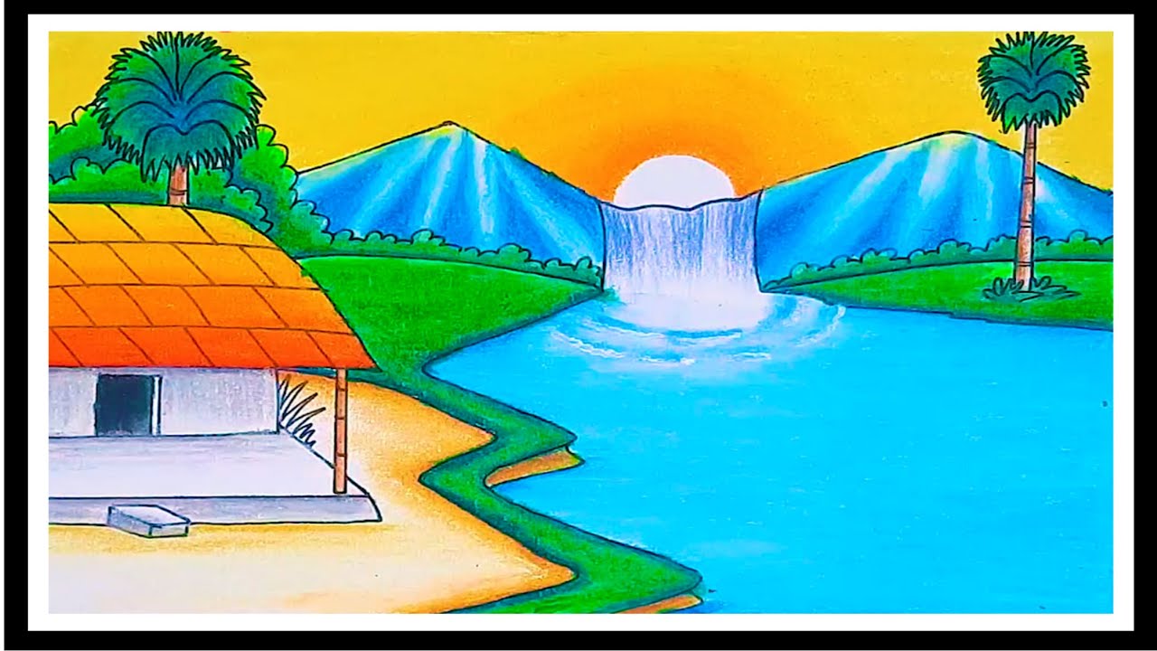 Easy Drawing waterfall drawing easy with oil pastels | waterfall sunset drawing with pencil color