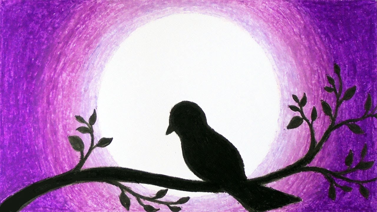 Easy Lovebird Moonlight Scenery Drawing | How to Draw Simple Scenery of Love Bird in the Moonlight