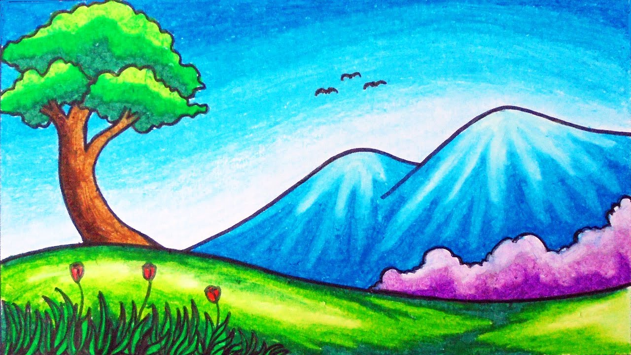 Easy Mountain Hills Scenery Drawing | How to Draw Simple Nature Scenery for Beginners