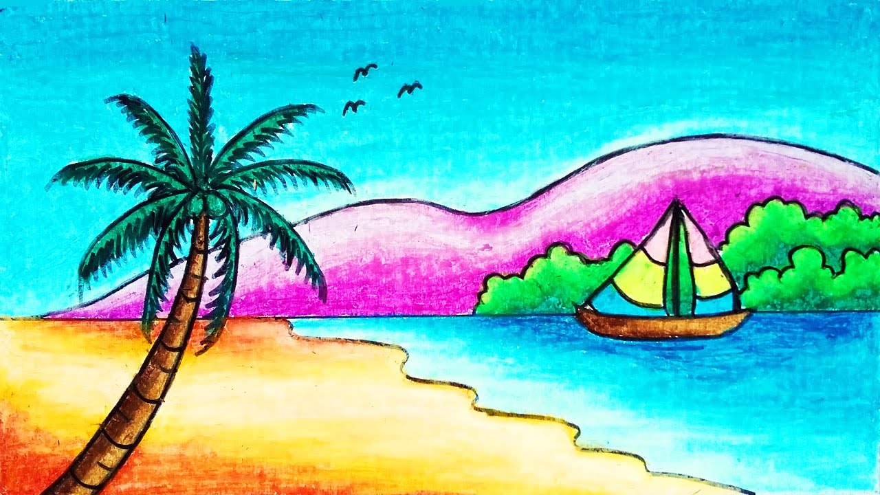 Easy Mountain Scenery Drawing on the Beach | How to Draw Easy Scenery With Oil Pastels