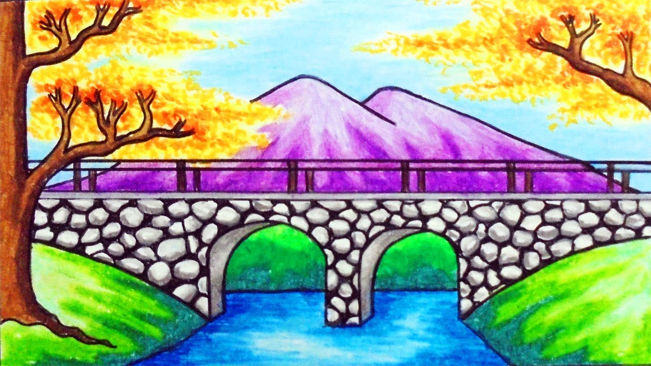 Easy Nature Scenery Drawing | How to Draw Beautiful Scenery of Mountain with River and Bridge