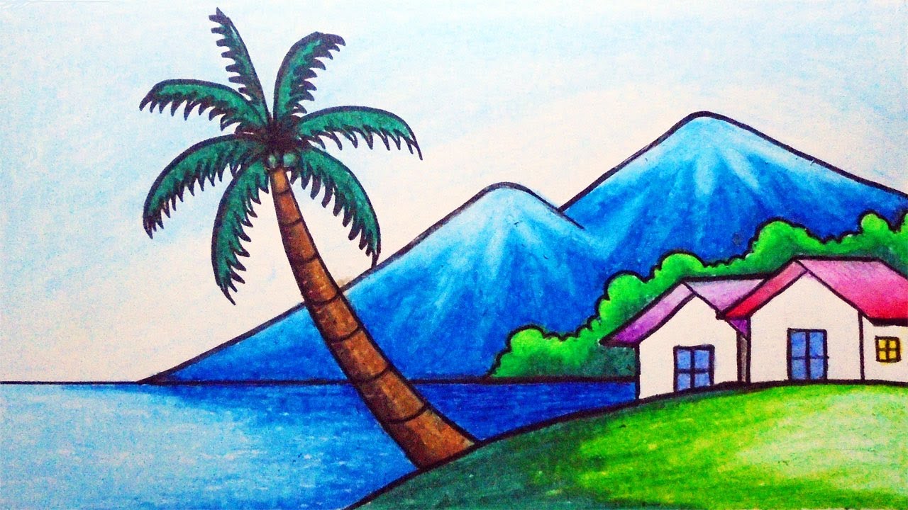 Easy Nature Scenery Drawing | How to Draw Mountain, Beach, Sea, and Houses Step by step