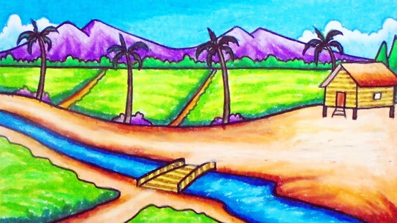 Easy Nature Scenery Drawing | How to Draw Simple Scenery of Rice Fields in the Village