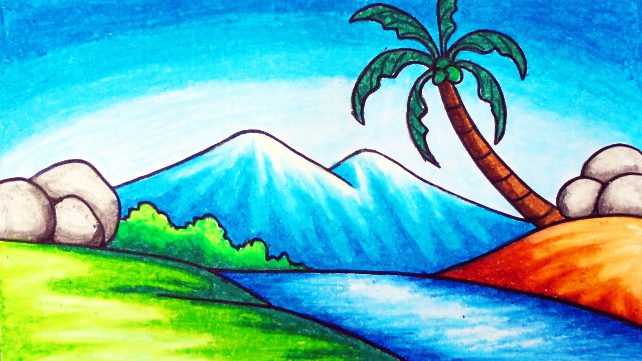 Easy Nature Scenery Drawing for Beginners | How to Draw Simple Scenery of Mountain and River