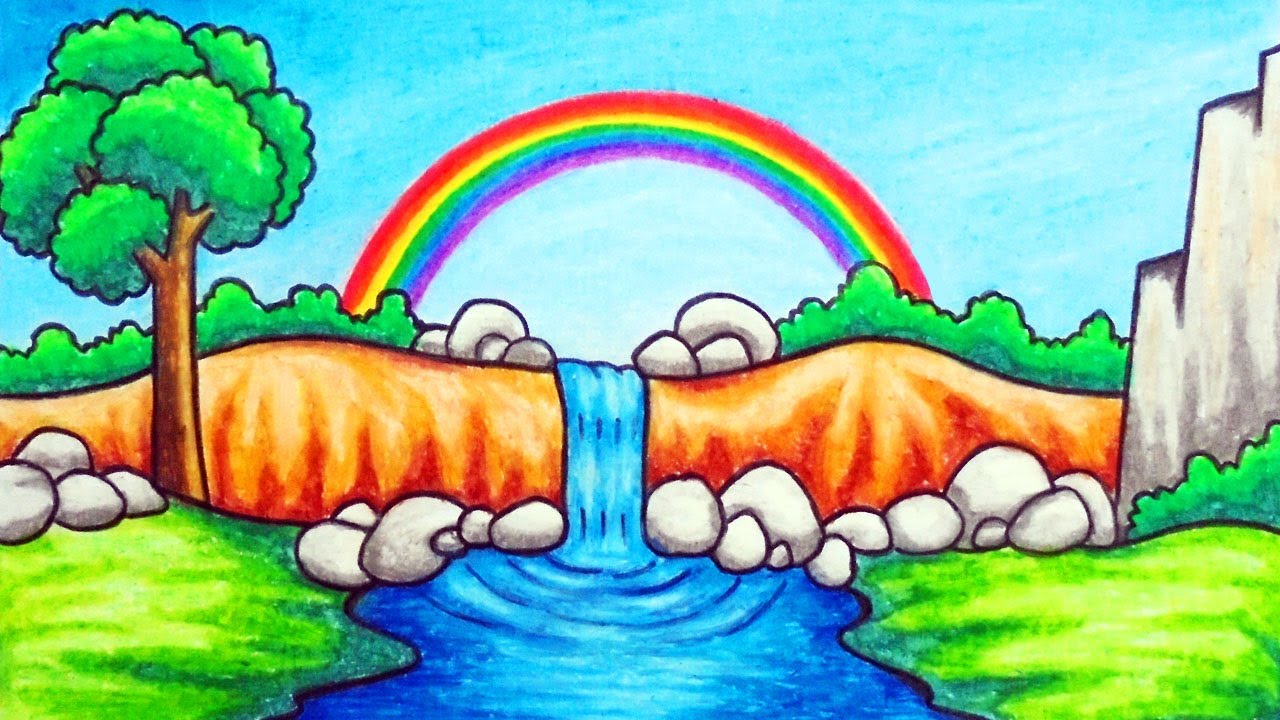 Easy Rainbow and Waterfall Scenery Drawing | How to Draw Simple Scenery of Rainbow with Oil Pastels